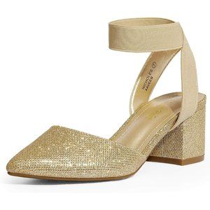 Women Pointed Toe Low Chunky Heels Pump Gold Glitter Non-Slip Outsole Shoes